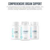 Three Revive supplement bottles labeled Liver, Heart, and Kidney shown below header "Comprehensive Organ Support" with description of supporting immune function, energy metabolism, and antioxidant activity.