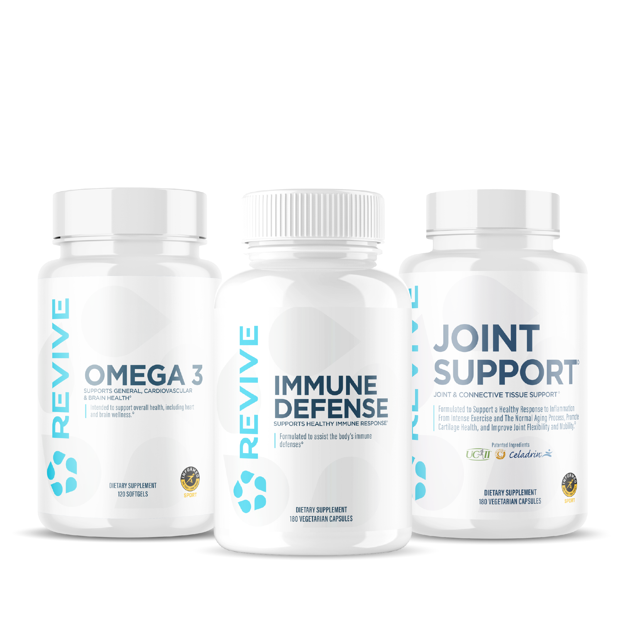 Three Revive MD supplement bottles—Omega 3, Immune Defense, and Joint Support—prominently displayed side by side, designed to support cardiovascular health, immune function, and joint mobility.