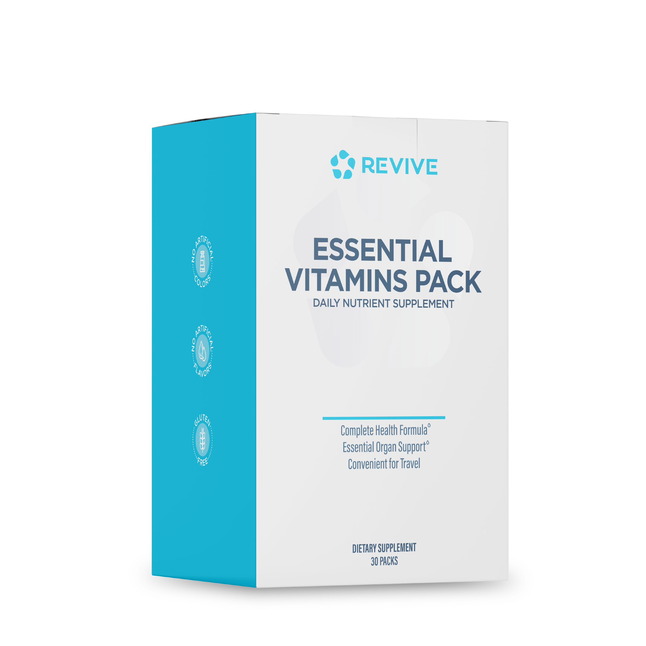 Two boxes of Revive Essential Vitamins Pack daily nutrient supplement against a black background.
