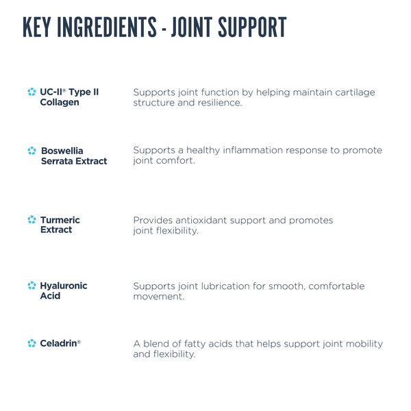 List of active ingredients in Revive Joint Support including UC-II collagen, Boswellia extract, turmeric, hyaluronic acid, and Celadrin with descriptions of their benefits.