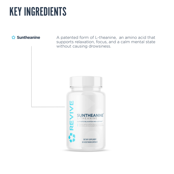 Revive Suntheanine supplement key ingredient infographic showcasing patented L-theanine for relaxation, alertness, and mental clarity without sedative effects.