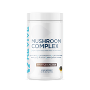Revive Mushroom Complex supplement container in chocolate flavor, highlighting Lion’s Mane, Reishi, Maitake, Chaga, and Shiitake mushrooms for cognitive and immune support.