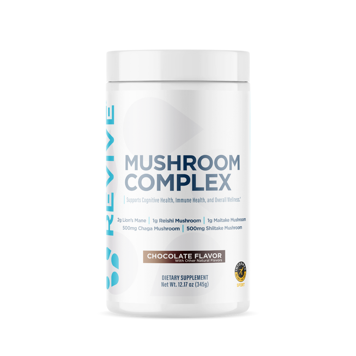 Revive Mushroom Complex supplement container in chocolate flavor, highlighting Lion’s Mane, Reishi, Maitake, Chaga, and Shiitake mushrooms for cognitive and immune support.