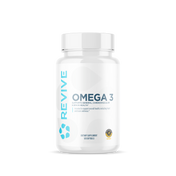 Revive Essentials Omega-3 dietary supplement bottle containing 120 softgels. Designed to support cardiovascular, brain, and general health, featuring the Informed-Sport certification.