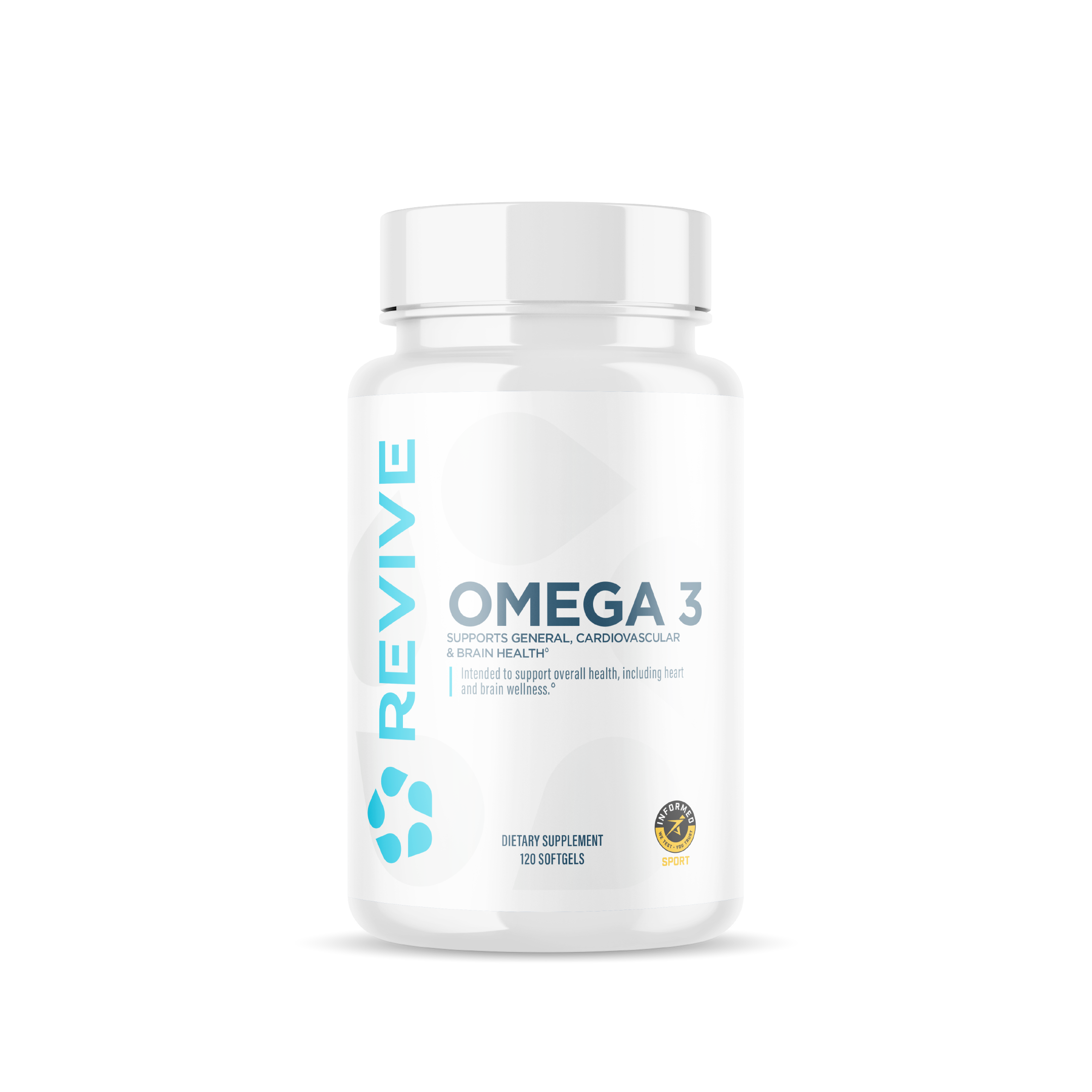 Revive Essentials Omega-3 dietary supplement bottle containing 120 softgels. Designed to support cardiovascular, brain, and general health, featuring the Informed-Sport certification.