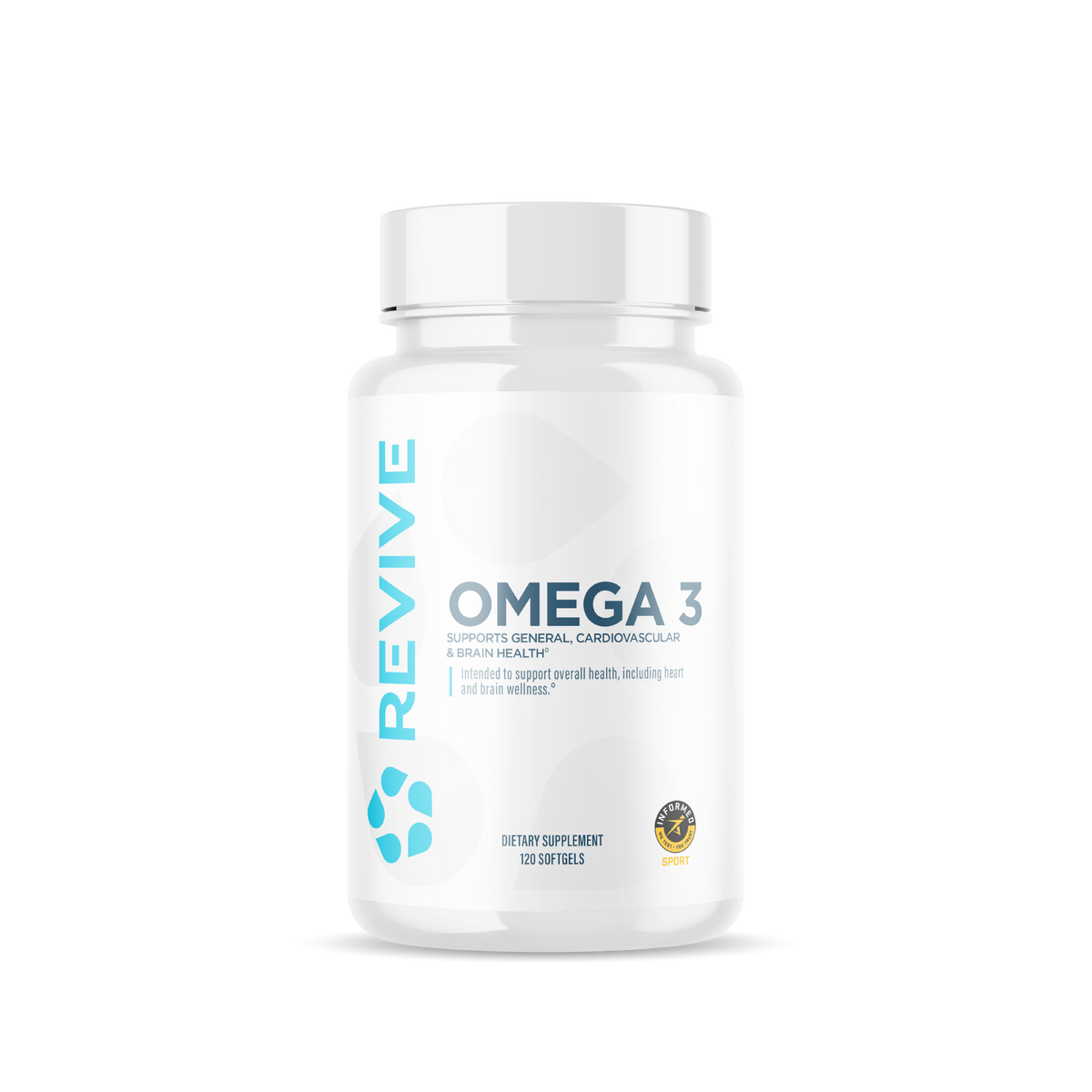Revive Essentials Omega-3 dietary supplement bottle containing 120 softgels. Designed to support cardiovascular, brain, and general health, featuring the Informed-Sport certification.