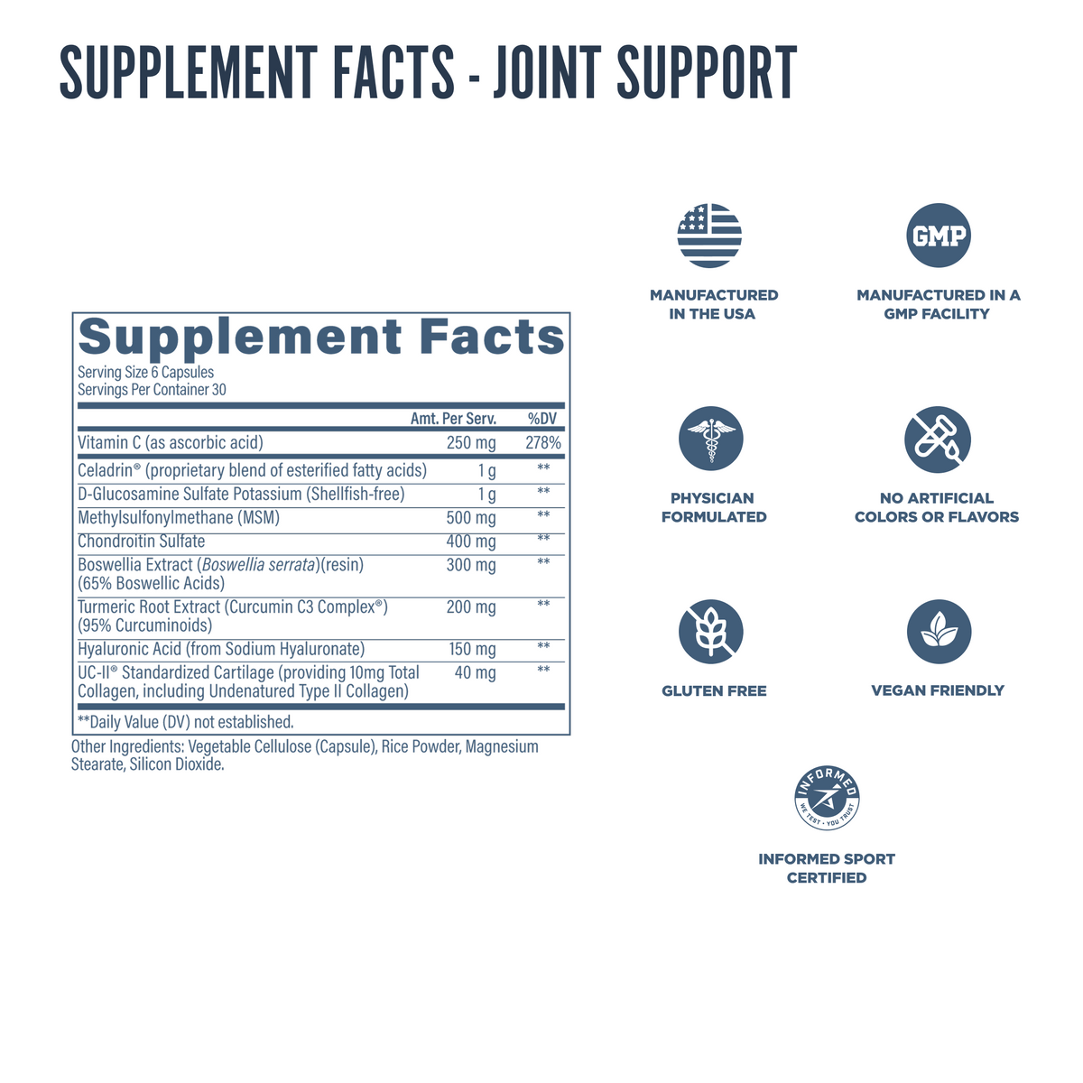 Supplement facts panel for Revive Joint Support capsules, featuring ingredients like MSM, turmeric, hyaluronic acid, and UC-II collagen, alongside certification icons including Informed Sport and vegan friendly.