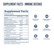 Supplement facts label for Revive Immune Defense capsules, listing ingredients such as quercetin, turmeric, elderberry, and zinc, with icons highlighting gluten-free, vegan, and GMP-certified features.