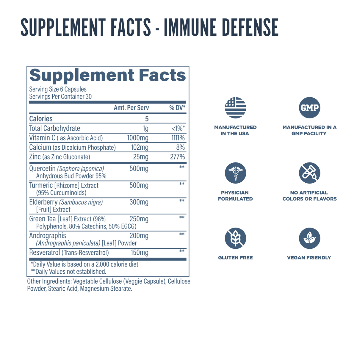 Supplement facts label for Revive Immune Defense capsules, listing ingredients such as quercetin, turmeric, elderberry, and zinc, with icons highlighting gluten-free, vegan, and GMP-certified features.