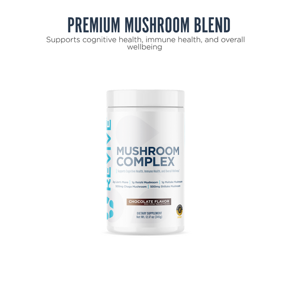 Revive Essentials Mushroom Complex supplement in chocolate flavor, formulated to support brain function, immune defense, and overall wellbeing. Contains lion’s mane, reishi, chaga, and other functional mushrooms.
