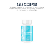 Revive Essentials Vitamin D3 supplement bottle with 5,000 IU per softgel. Designed to support bone health, immunity, and nutrient absorption in a daily dose.
