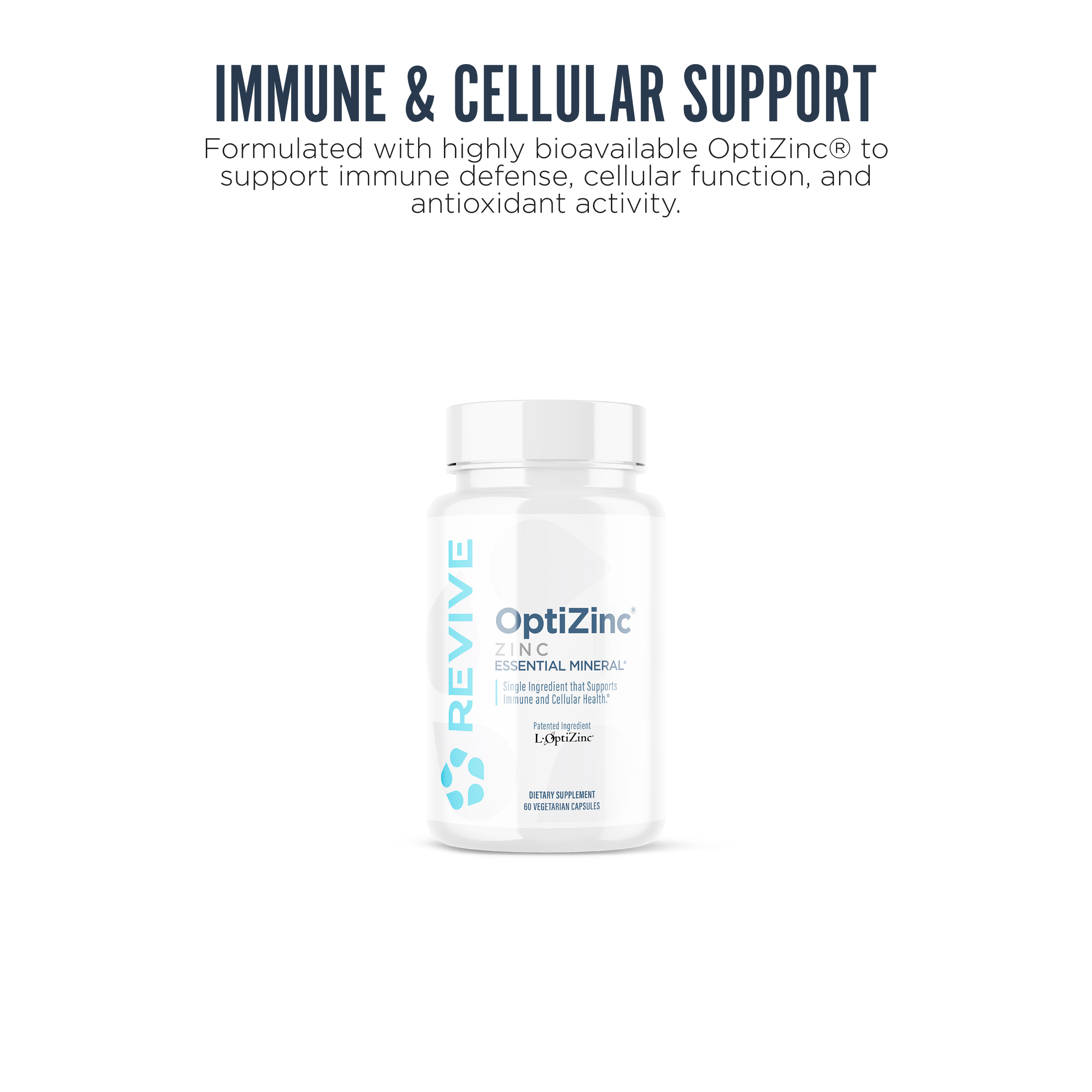 Revive OptiZinc dietary supplement with 60 vegetarian capsules. Formulated with OptiZinc® to promote immune defense, antioxidant activity, and cellular function.