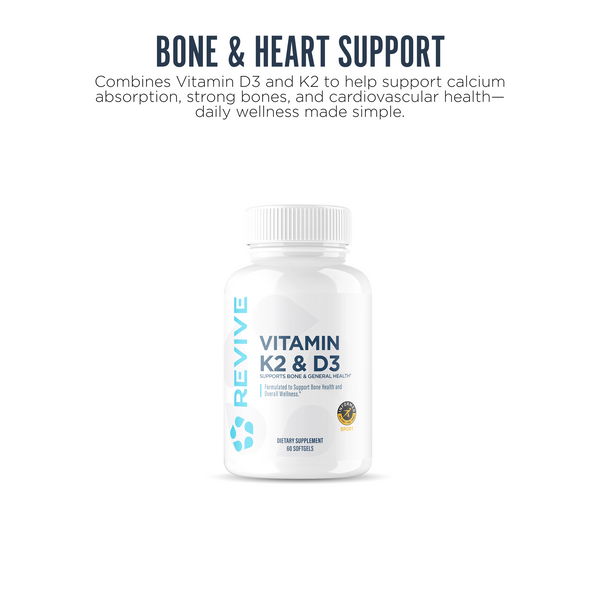 Revive Vitamin K2 & D3 supplement bottle with 60 softgels, formulated to promote bone strength, calcium absorption, and cardiovascular wellness.