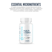 Revive Multivitamin supplement bottle presented with description of essential micronutrients such as magnesium, zinc, selenium, and boron to support bone health, metabolism, immune function, and overall wellness.