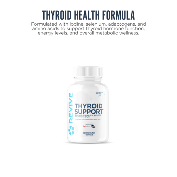 Revive Thyroid Support supplement bottle formulated with iodine, selenium, adaptogens, and amino acids to promote thyroid hormone function, energy, and metabolic balance.