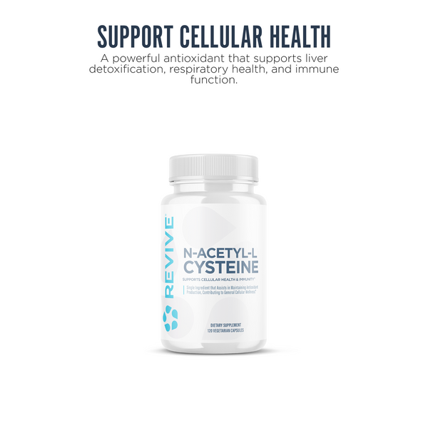 Revive N-Acetyl-L-Cysteine supplement bottle shown under the heading "Support Cellular Health," describing its benefits in promoting liver detoxification, respiratory function, and immune system health through powerful antioxidant activity.