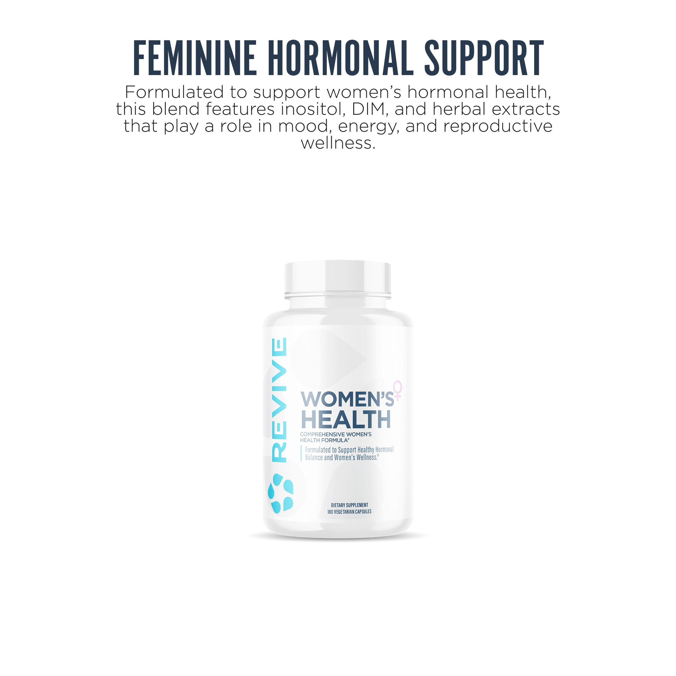 Revive Women's Health supplement bottle designed for hormonal balance and overall women’s wellness. Features ingredients like inositol, DIM, and herbal extracts for mood, energy, and reproductive support.