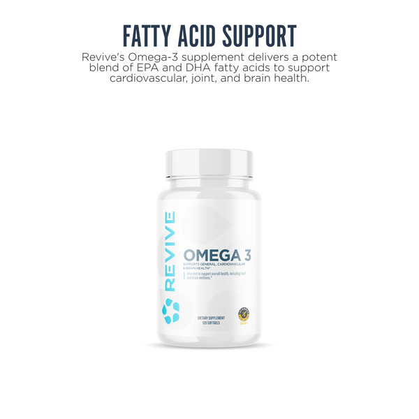 Revive Omega-3 dietary supplement bottle displayed below heading "Fatty Acid Support" with text stating it delivers EPA and DHA to support cardiovascular, joint, and brain health.