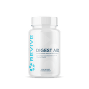 Revive Essentials Digest Aid dietary supplement bottle with 90 vegetarian capsules, formulated for comprehensive digestive enzyme support and improved nutrient absorption.