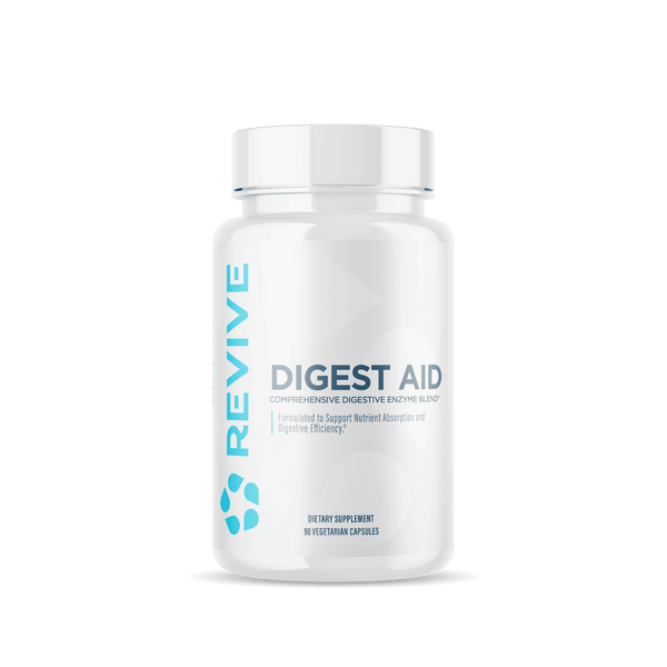 Revive Essentials Digest Aid dietary supplement bottle with 90 vegetarian capsules, formulated for comprehensive digestive enzyme support and improved nutrient absorption.