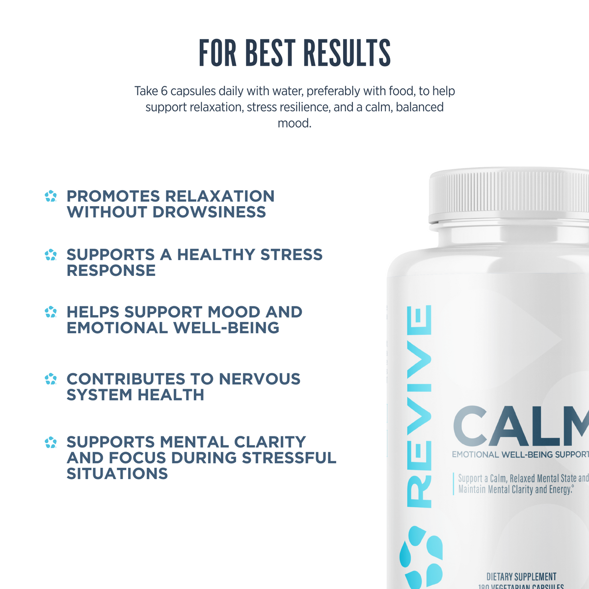 Revive Calm supplement bottle alongside listed benefits including relaxation without drowsiness, stress support, emotional well-being, nervous system health, and mental clarity.