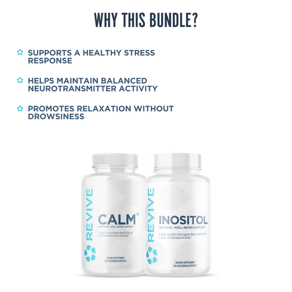 Revive Calm and Inositol supplement bundle benefits graphic showing stress support, balanced neurotransmitter activity, and relaxation without drowsiness.