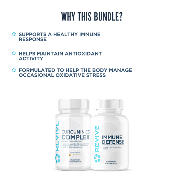 Revive bundle of Curcumin C3 Complex and Immune Defense highlighting immune support, antioxidant activity, and oxidative stress management.