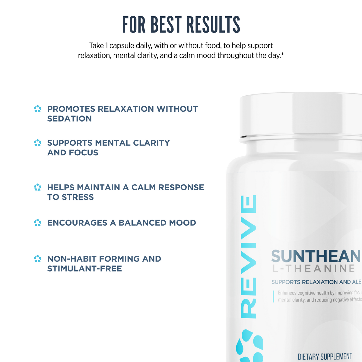 Revive Suntheanine supplement benefits infographic highlighting relaxation without sedation, mental clarity, stress resilience, mood balance, and non-habit-forming, stimulant-free support.