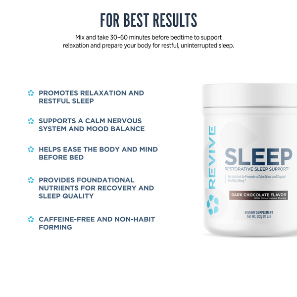 Revive Sleep Support powder in dark chocolate flavor. Designed to promote relaxation, calm the nervous system, and enhance sleep quality without caffeine or habit-forming ingredients.