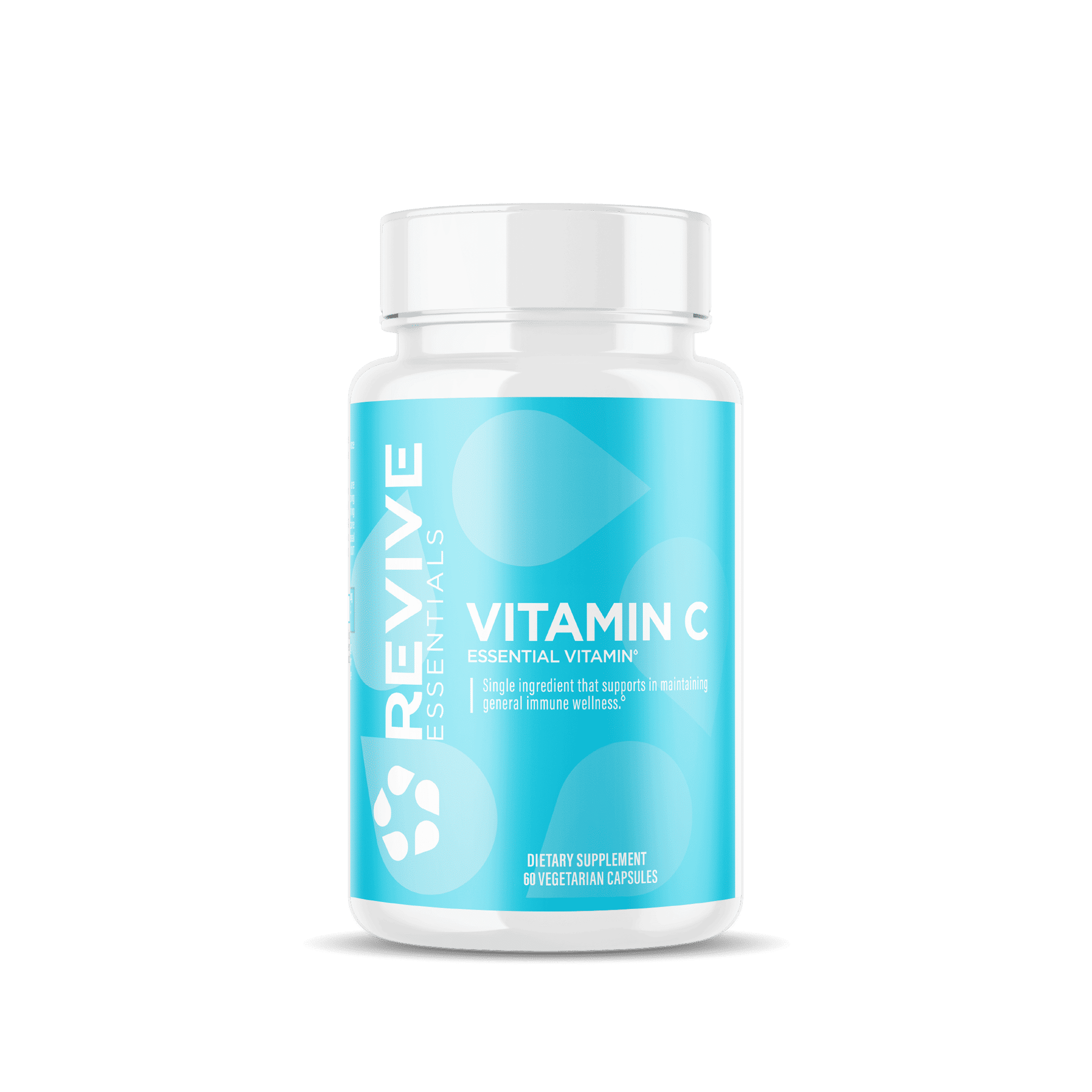 Revive Essentials Vitamin C dietary supplement bottle with 60 vegetarian capsules, promoting immune wellness and antioxidant support.