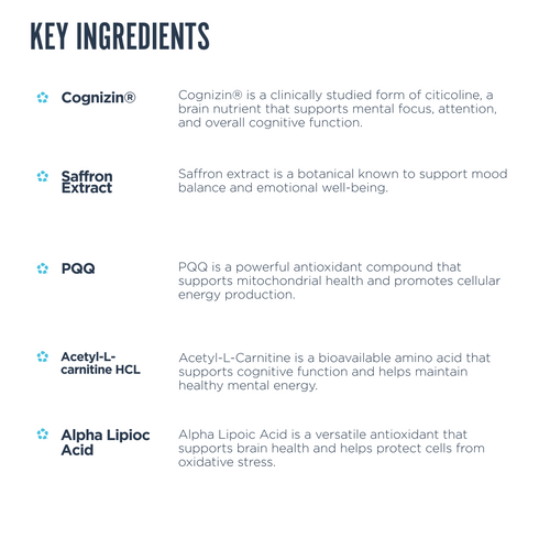 List of key ingredients with their quantities and functions on a white background.
