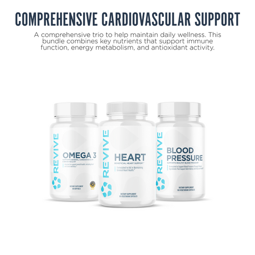 Three Revive MD products—Omega 3, Heart ,  Blood Pressure —standing arranged together on a stone ledge.