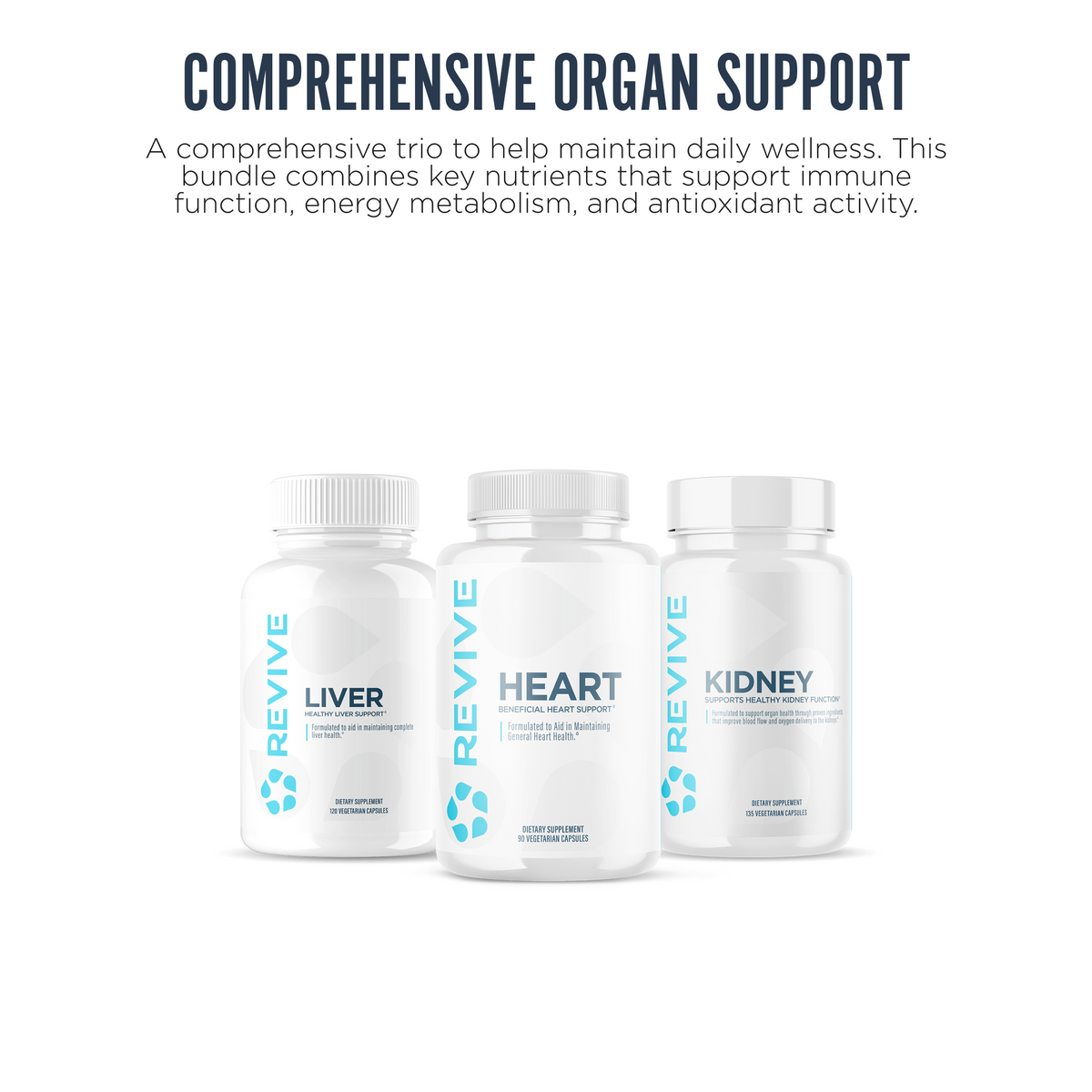 Three Revive supplement bottles labeled Liver, Heart, and Kidney shown below header "Comprehensive Organ Support" with description of supporting immune function, energy metabolism, and antioxidant activity.