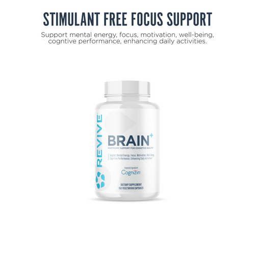 A bottle of Revive BRAIN plus centered on a white background. Text reads: Stimulant Free Focus Support.