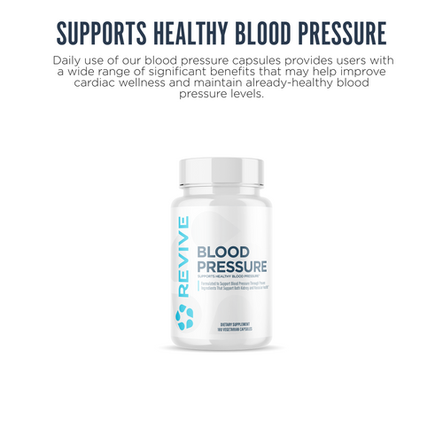 A bottle of Revive Blood Pressure centered on a white background. Text reads: Supports healthy Blood Pressure.