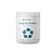 Supplement container labeled 'Longevity Restore' by 'REVIVE' on a white background
