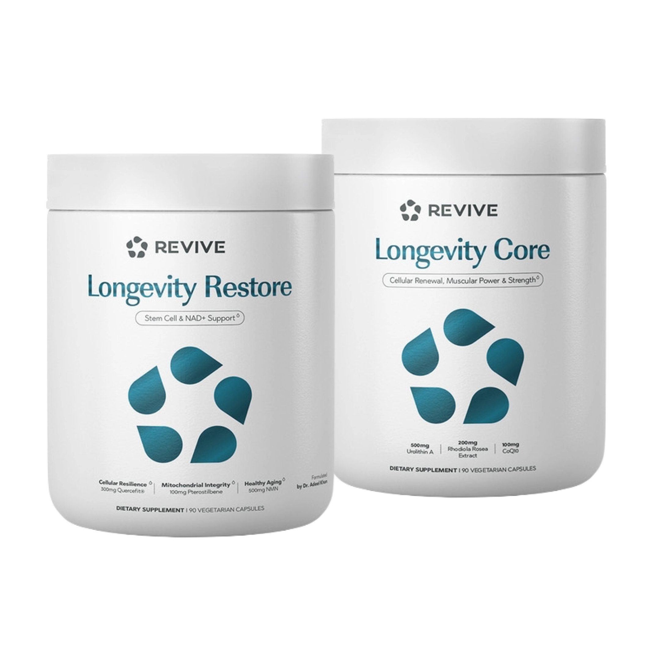 Two containers of Revive Longevity Core and Longevity Restore on a white background