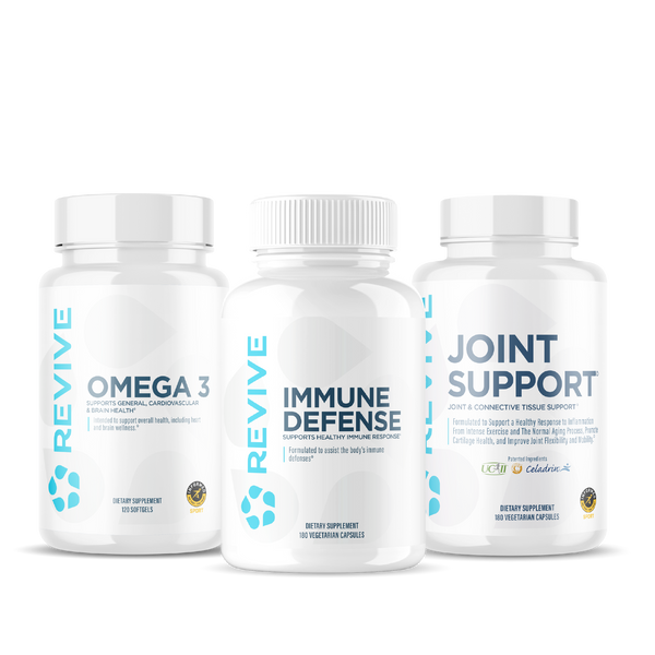 Three Revive MD supplement bottles—Omega 3, Immune Defense, and Joint Support—prominently displayed side by side, designed to support cardiovascular health, immune function, and joint mobility.