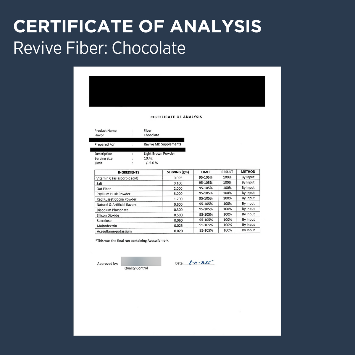 Revive Fiber Chocolate COA