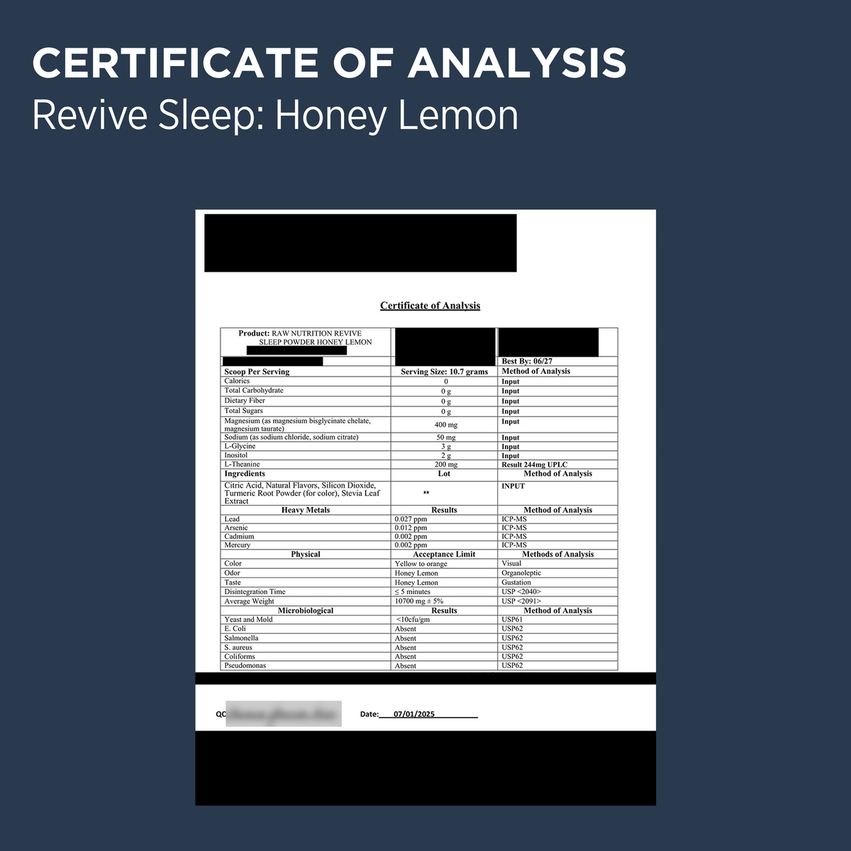 Revive Sleep Honey Lemon COA