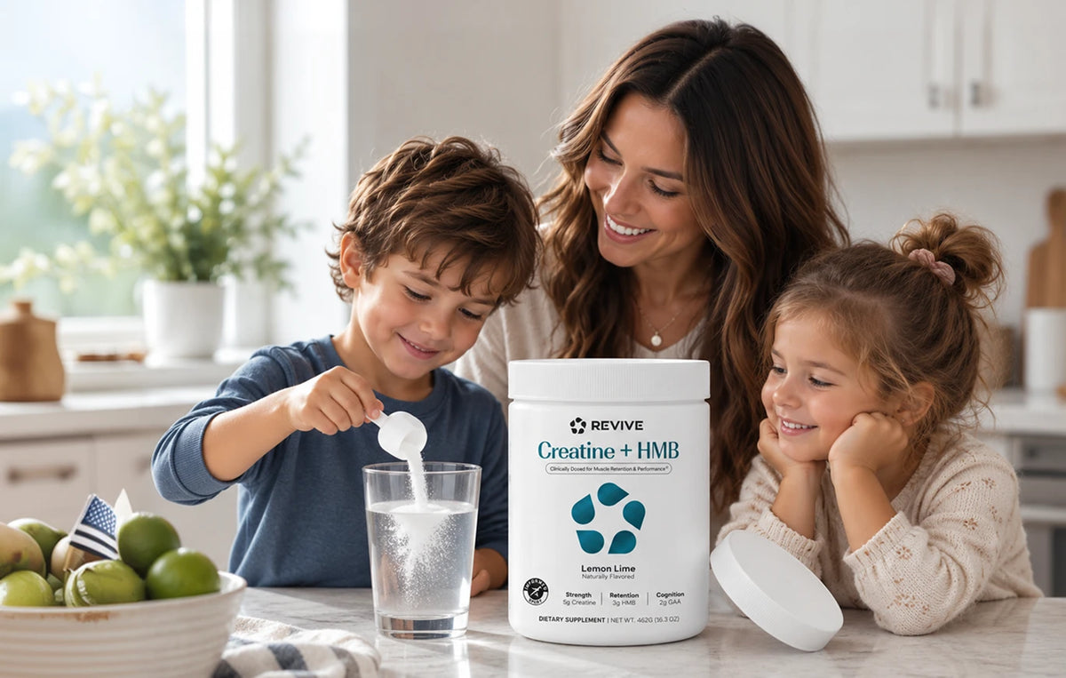 Mother and children mixing a scoop of Creatine + HMB