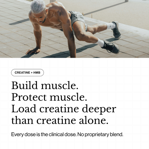 Man exercising outdoors with promotional text about creatine and HMB supplement.