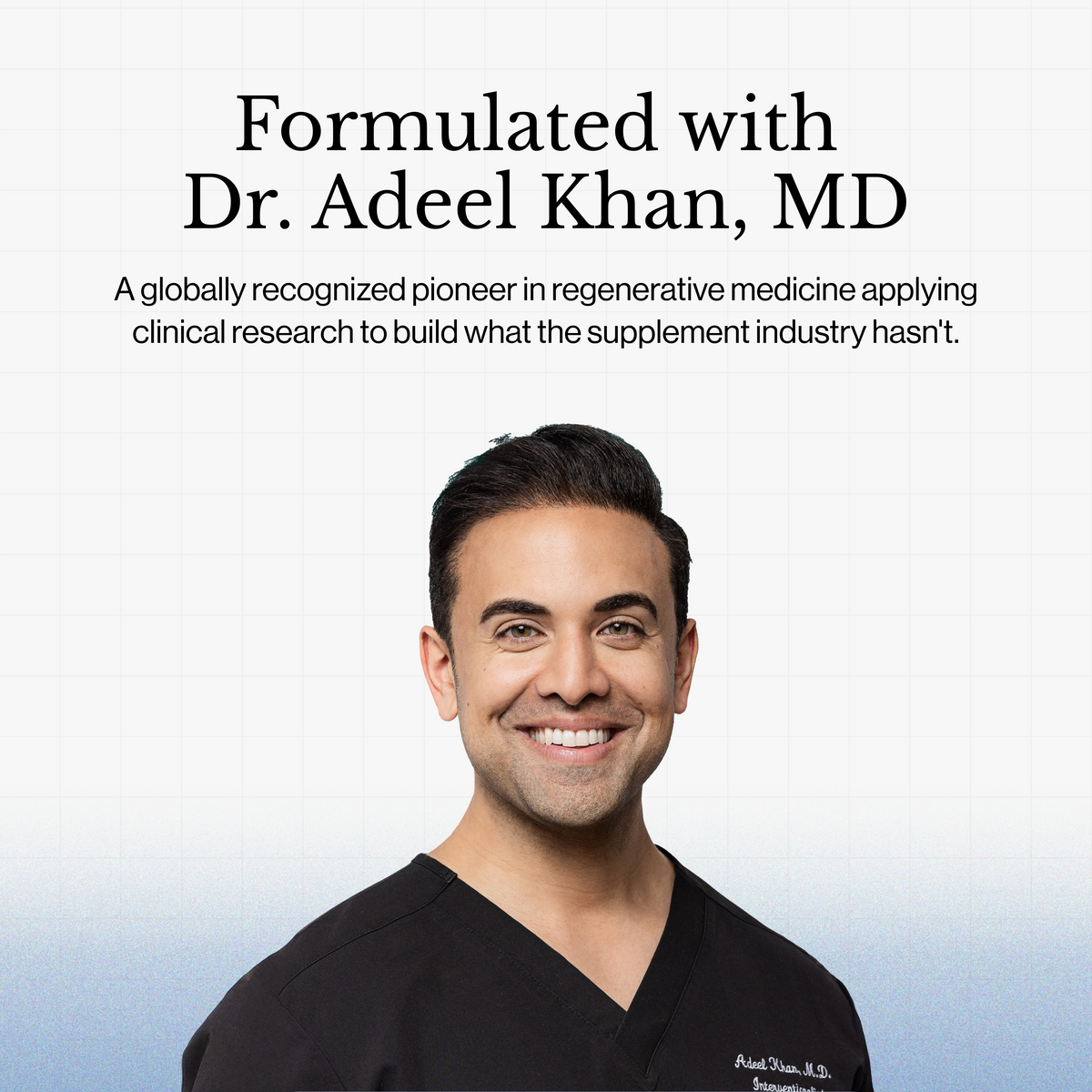 Man in black medical coat with text about Dr. Adeel Khan, MD on a light blue background