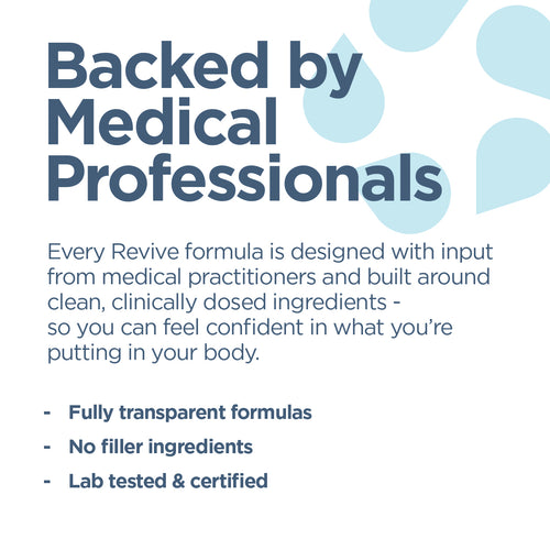 Text on a white background with blue accents, promoting Revive formulas backed by medical professionals.