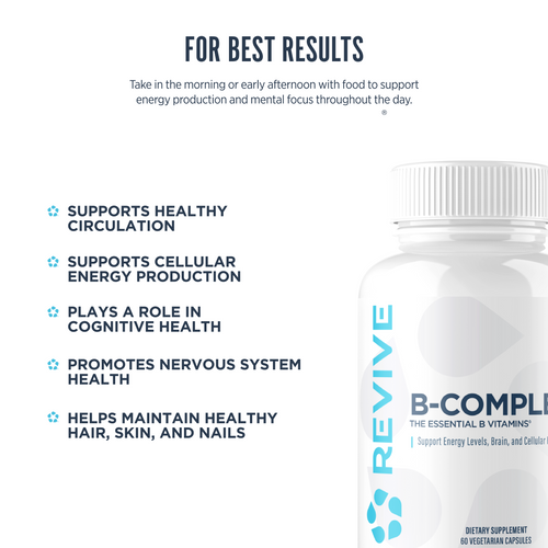 B-complex supplement bottle with text highlighting benefits on a white background