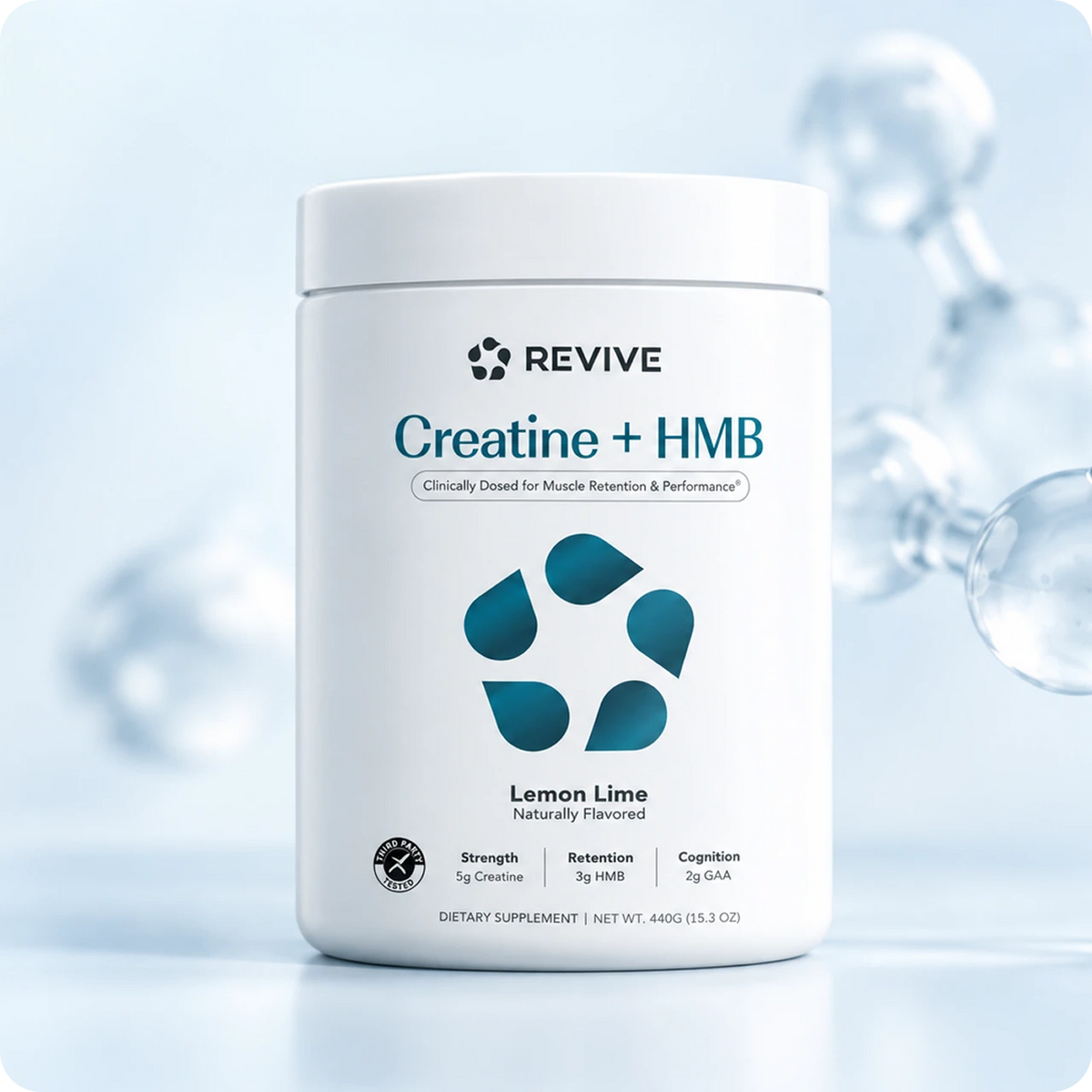 Creatine + HMB tub surrounded by molecules
