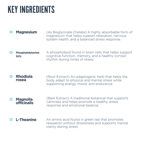 List of key ingredients with their quantities and functions on a white background.
