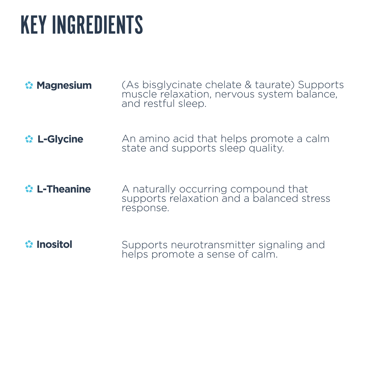 Ingredient list and benefits for Revive Sleep including magnesium for relaxation, glycine and inositol for calmness, and L-theanine for stress response and sleep support.