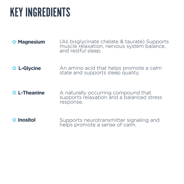 Ingredient list and benefits for Revive Sleep including magnesium for relaxation, glycine and inositol for calmness, and L-theanine for stress response and sleep support.