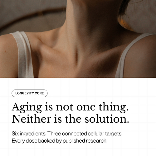Advertisement for a skincare product with text about aging and solutions, featuring a close-up of a person's neck and shoulders.
